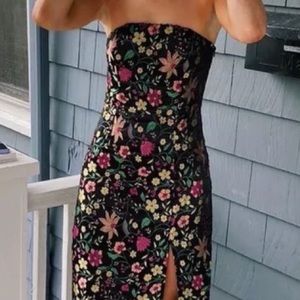 Strapless Black Printed Midi Dress